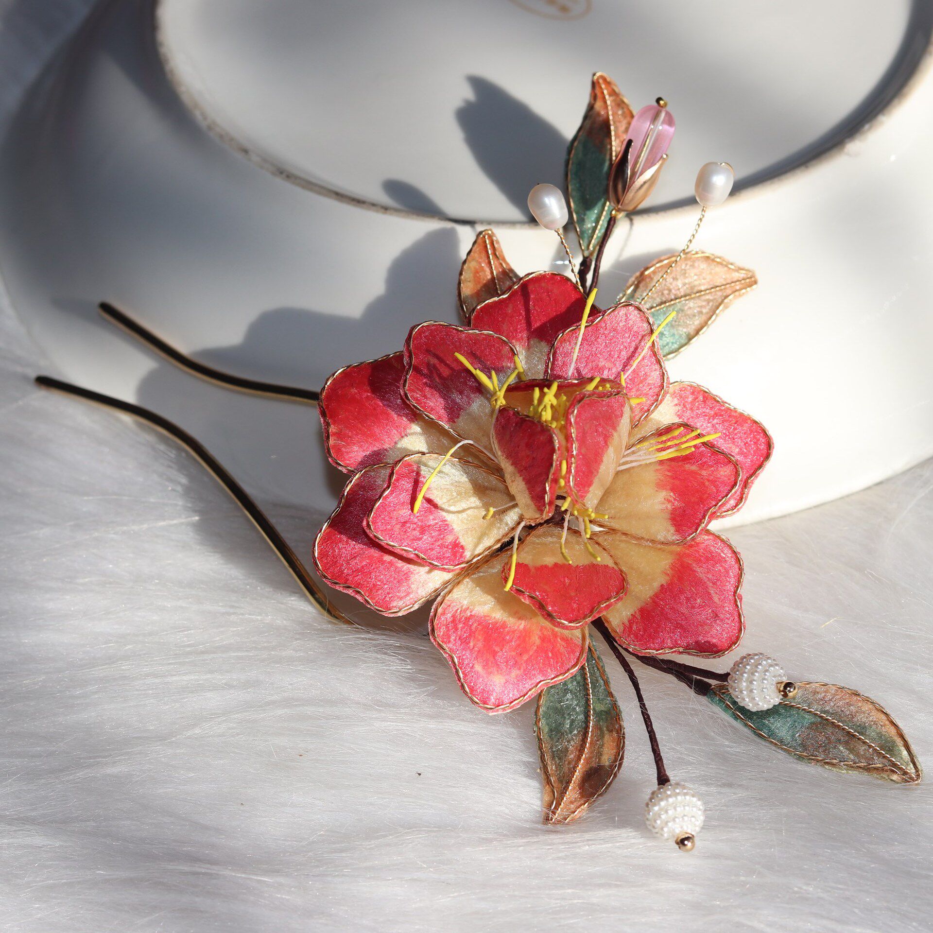 掐丝绒花头饰古装旗袍清朝妃子发饰汉服古风发簪发钗秋冬少女配饰