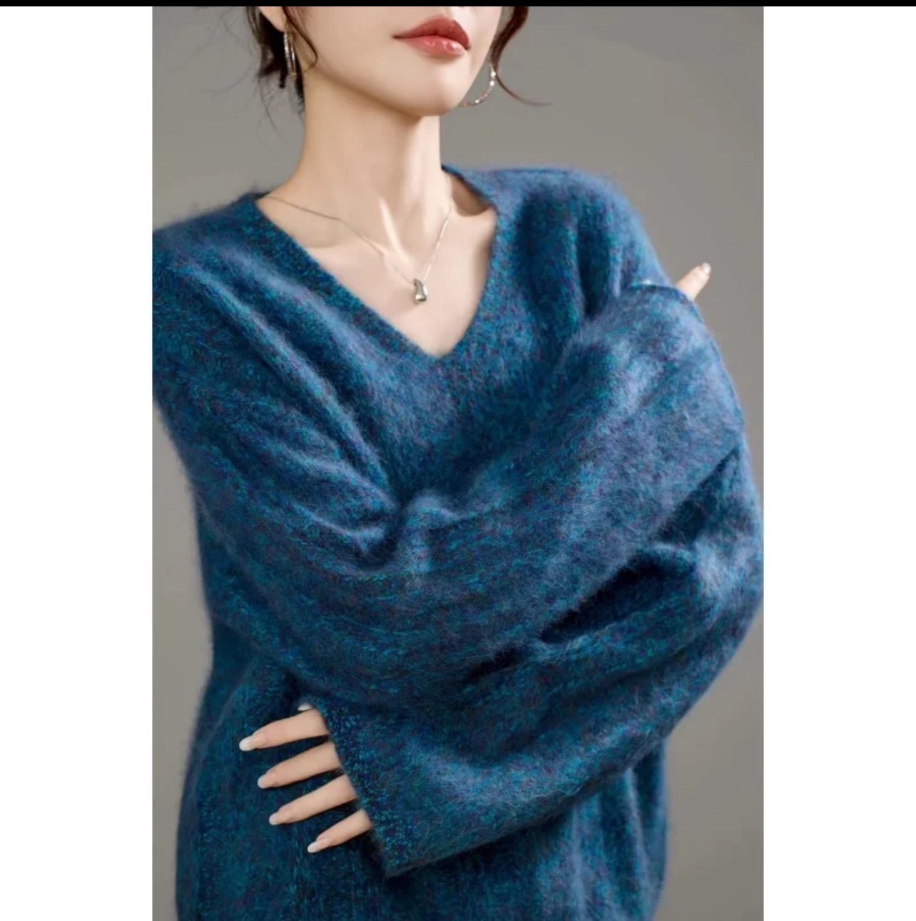 2025新款V领拉绒花纱羊绒针织衫女宽松显瘦百搭毛衣外套羊绒衫