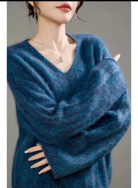 2025新款V领拉绒花纱羊绒针织衫女宽松显瘦百搭毛衣外套羊绒衫