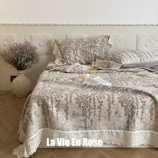 复古四层纱布高密床盖毯棉麻花边防滑大床单四季 法式 可用干爽舒适