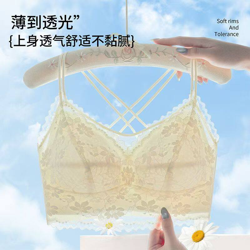 法式无钢圈蕾丝文胸薄款透气美背细肩带全罩杯大胸显小收副乳内衣