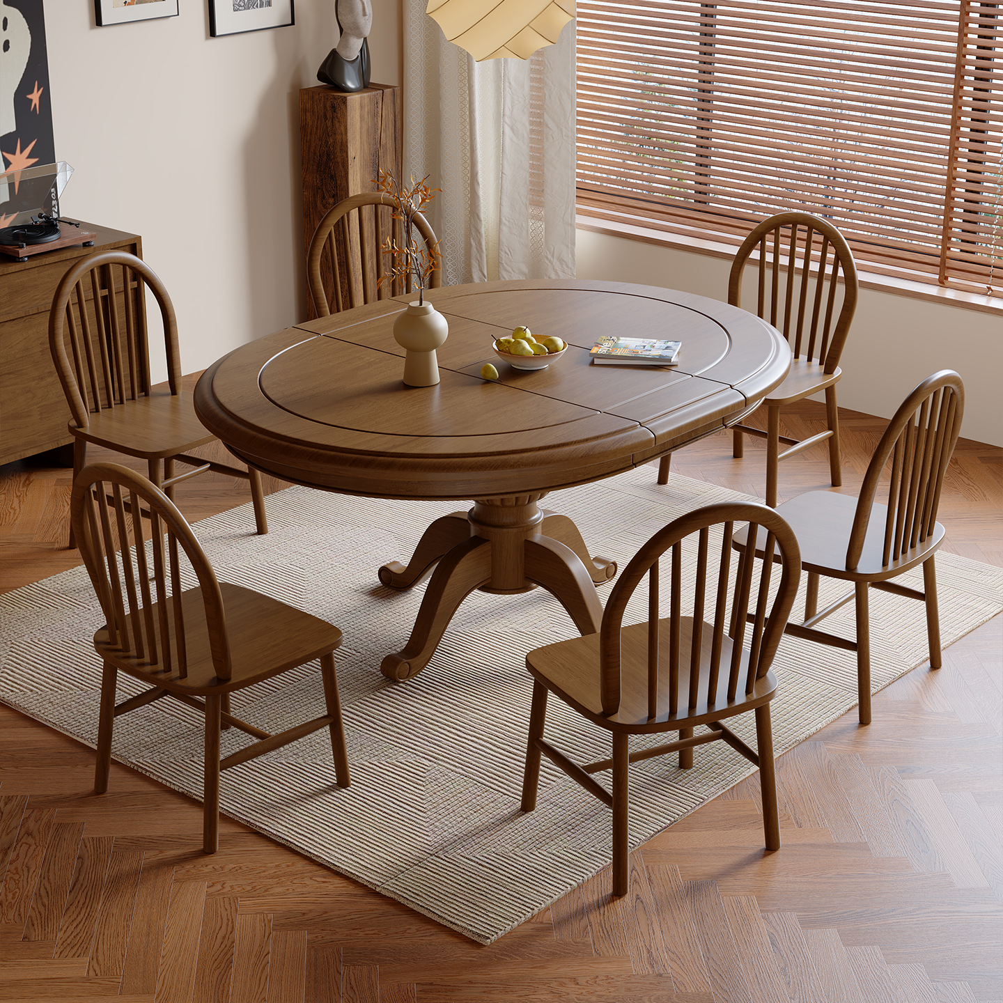 美式实木餐桌可变圆桌折叠椭圆形