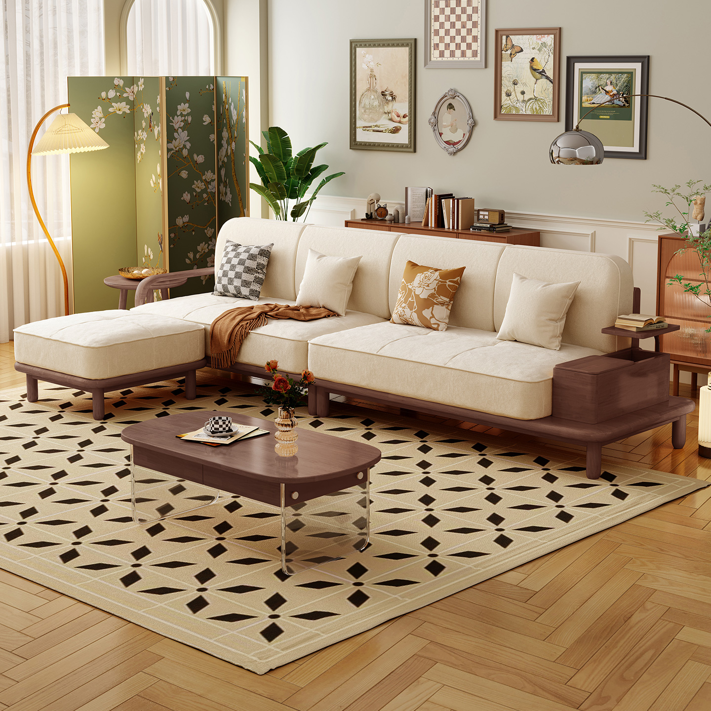 实木侘寂风客厅直排沙发贵妃组合