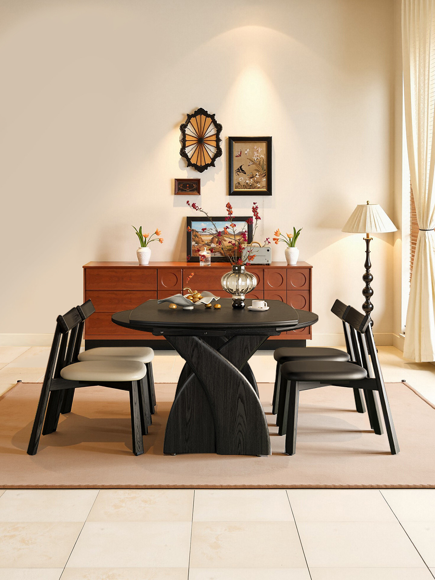 黑色覆古风实木岩板伸缩餐桌可变圆桌家用小户型折叠美式中古饭桌,住宅家具,岩板餐桌,淘宝优惠券,粉丝福利购,淘宝优惠卷