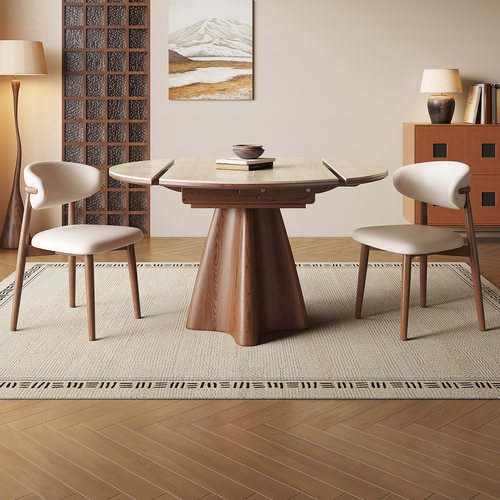 洞石岩板伸缩餐桌可变圆桌实木