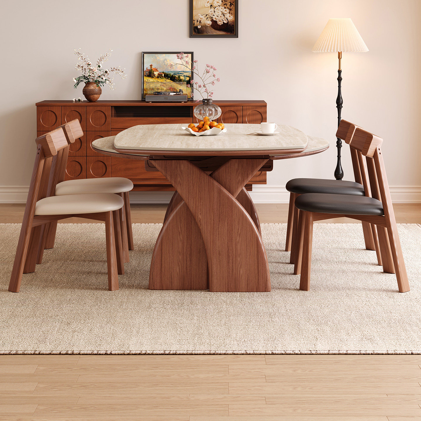 2025新款洞石岩板餐桌胡桃木色中古风实木伸缩折叠餐桌椅可变圆桌