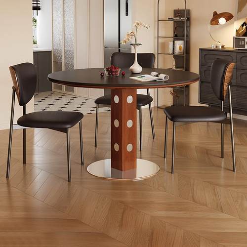 中古风圆桌北欧包豪斯实木岩板圆形餐桌复古金属腿小户型吃饭桌子