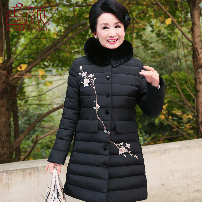 香颜妈妈冬季中长款棉衣加厚棉袄中老年女装秋装外套绣花棉服2017