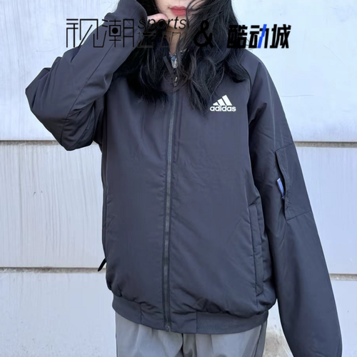 阿迪达斯黑色飞行员夹克棉服外套
