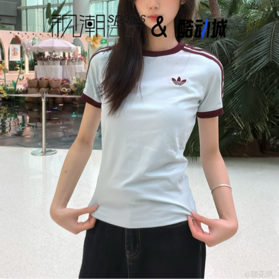 阿迪达斯晶蓝色短袖T恤女子修身