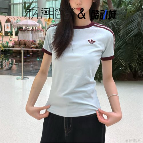 阿迪达斯晶蓝色短袖T恤女子修身