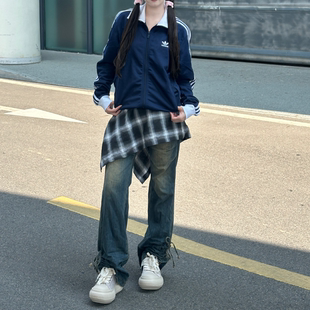 Adidas阿迪达斯 夜蓝色男女运动休闲三条纹拼色立领夹克IP0418