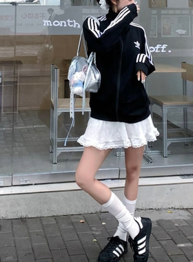 Adidas阿迪达斯 黑色男女舒适针织宽松运动上衣夹克外套IJ7058