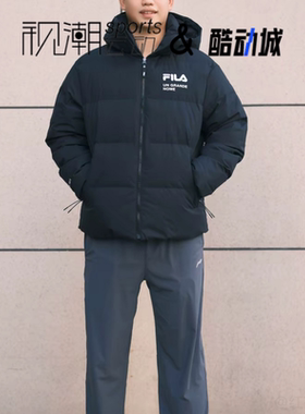 FILA斐乐黑色男女简约宽松防风保暖连帽羽绒服外套F11U249902F-BK