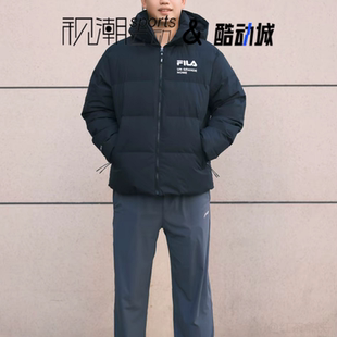 FILA斐乐黑色男女简约宽松防风保暖连帽羽绒服外套F11U249902F-BK