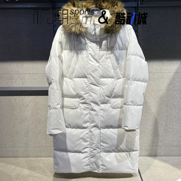 NB白色连帽防风保暖中长款羽绒服