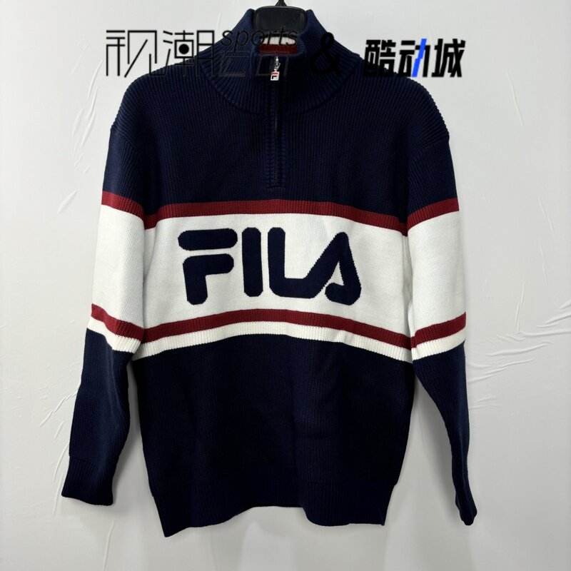 斐乐深默蓝套头衫毛衣宽松休闲