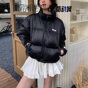 FILA斐乐黑色女子保暖宽松短款面包服运动羽绒服F51W349901F-BK