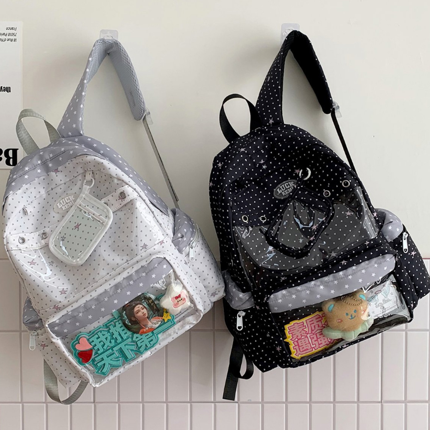 波点痛包双肩包少女日系小众学生背包透明吧唧徽章展示包旅行可爱