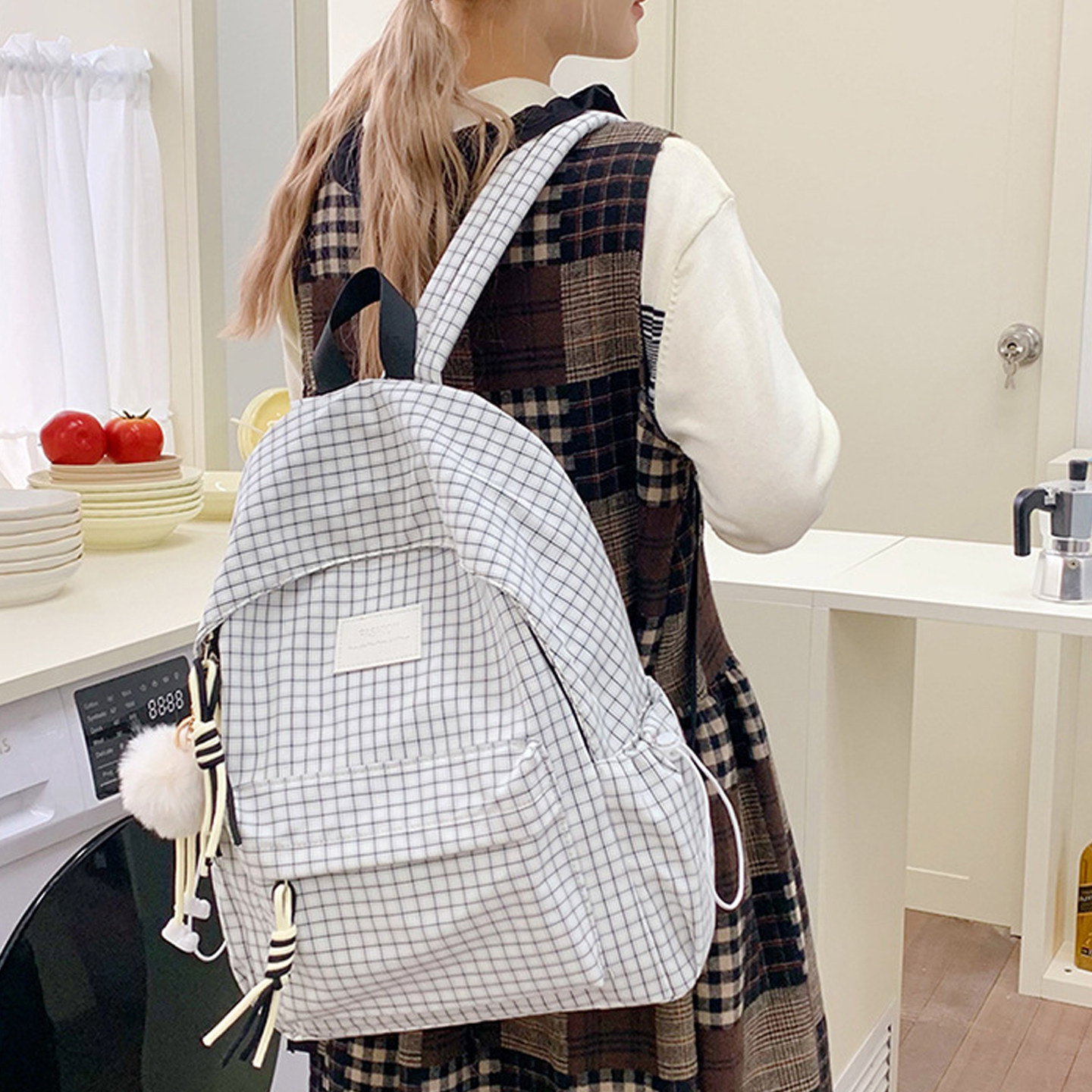 日系文艺格子双肩书包女韩版原宿风小清新初高中学生户外旅行背包
