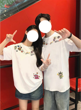 2025年夏季新款爆款情侣款卡通字母印花圆领个性设计感男女款T恤