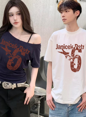 情侣款~百搭显瘦辣妹宽松休闲设计感印花设计感洋气小众露肩上衣