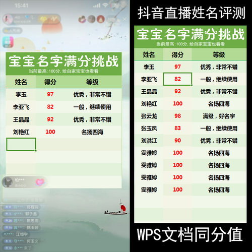 热门直播素材全网挑战100分满分姓名拼音测试名字打分