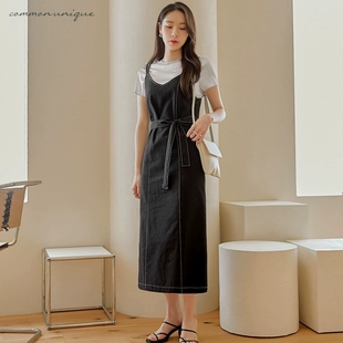 新款 缝线配色长裙common unique2022夏季 V领绑带束腰开衩摆吊带裙