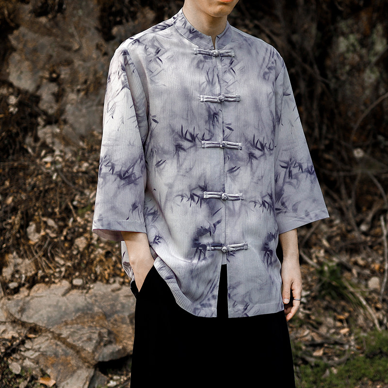 新中式2024风复古水墨印花七分袖立领衬衫男T2805-P65,男装T恤,电商A021