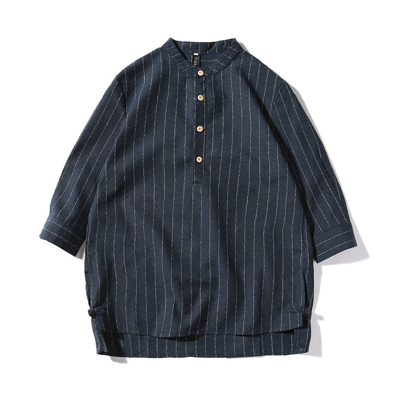 2026夏季风现货棉麻条纹立领复古盘扣七分袖衬衫CS88-P45，男装衬衫，电商A021