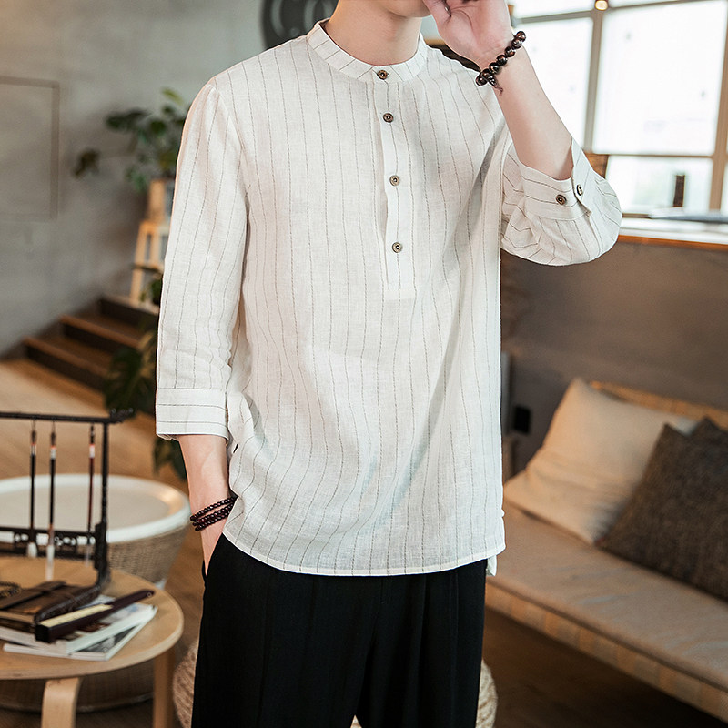 春夏新款风七分袖亚麻条纹衬衫大码男装CS88-P45,男装衬衫,电商A021