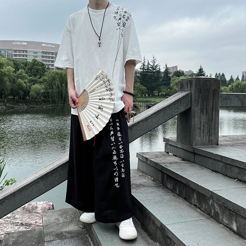 新款新中式刺绣文字黑白圆领T恤汉服男女T062-P35控58图片