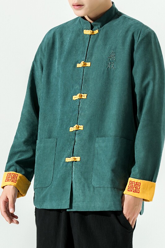 居士服男中山唐装潮撞色刺绣桃皮绒夹克外套大码Z,男装夹克,电商A021