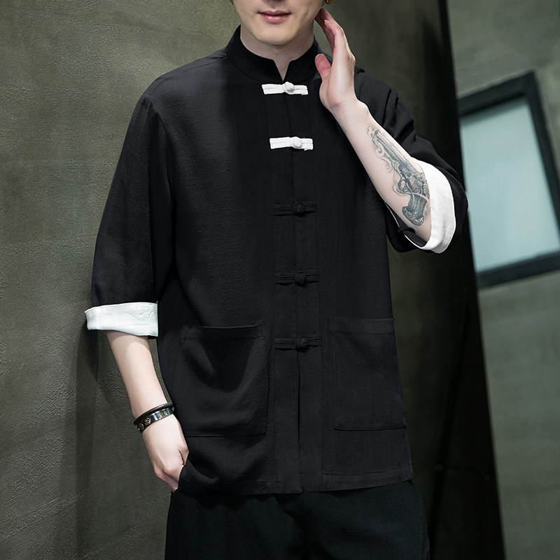 高品质风复古盘扣服开衫翻袖撞色七分袖汉服男MT2310-P65，男装民族服装，电商A021