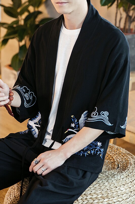 春夏新款七分袖汉服大码刺绣仙鹤道袍开衫上衣团体服,男装民族服装,电商A021