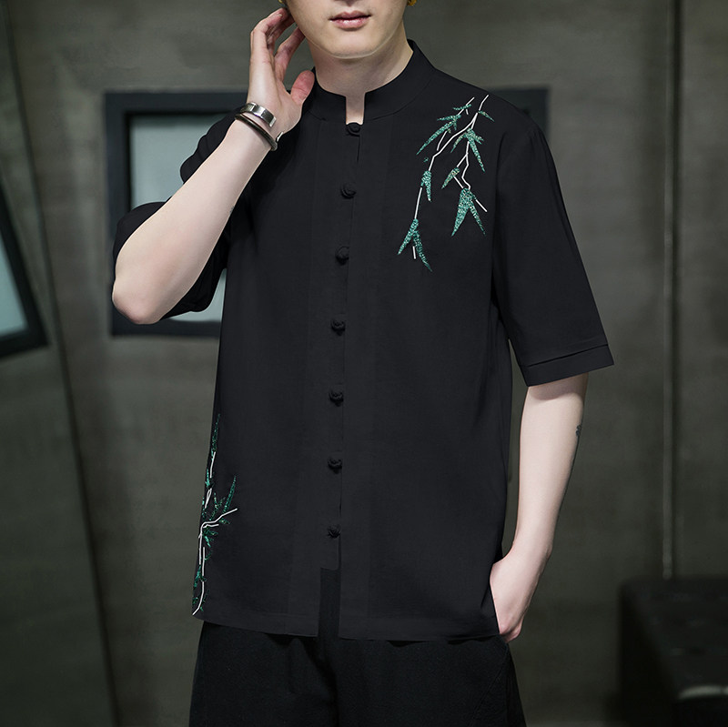 新中式风立领流行棉麻刺绣盘扣复古开衫休闲衬衫男MT2308-P65,男装衬衫,电商A021