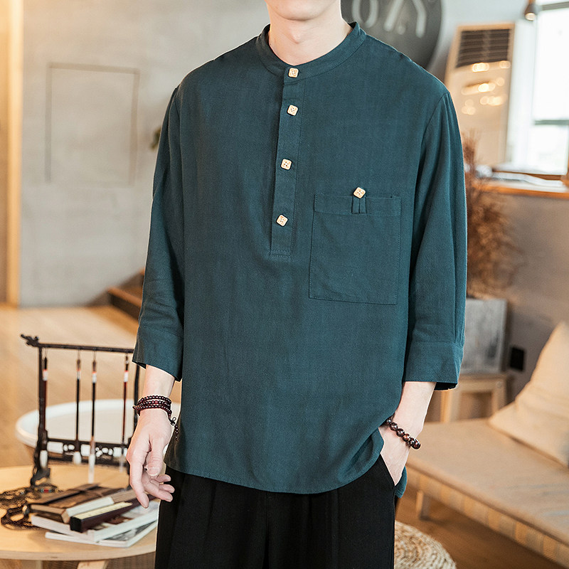 2022风七分袖纯色复古立领盘扣衬衫男CS18/P40，男装衬衫，电商A021