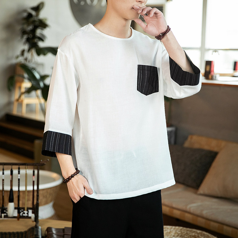 风夏季冰丝透气汉服口袋圆领休闲七分袖男QT4029-T2054,男装T恤,电商A021