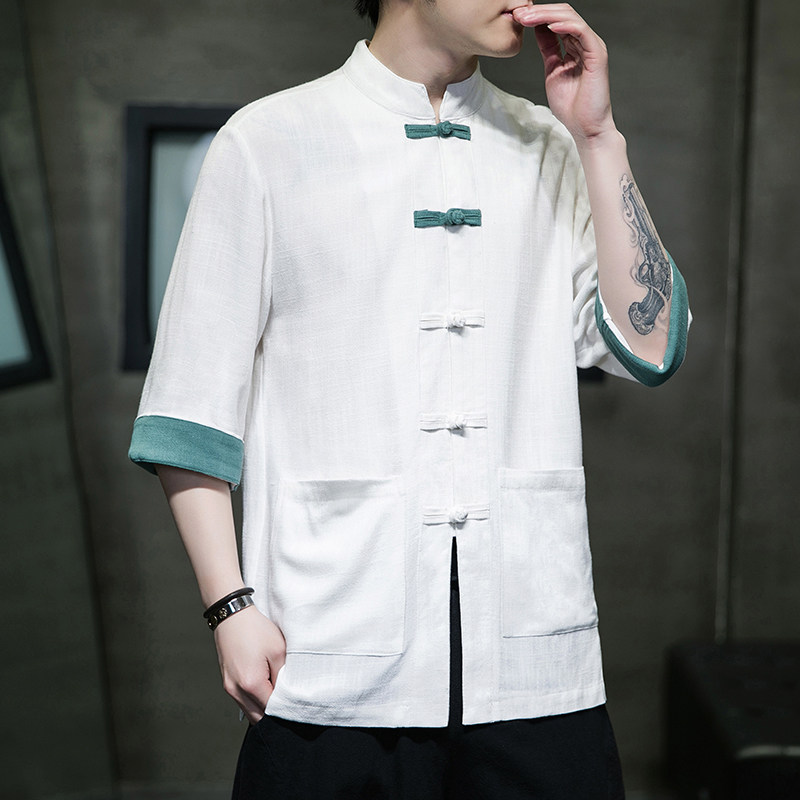 现货新中式风复古盘扣服开衫翻袖七分袖汉服男立领MT2310-P65,男装民族服装,电商A021