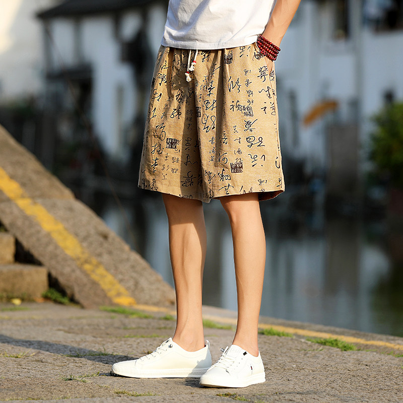 2021亚麻夏季中休闲棉麻印花沙滩裤大码短裤复古宽松潮图片