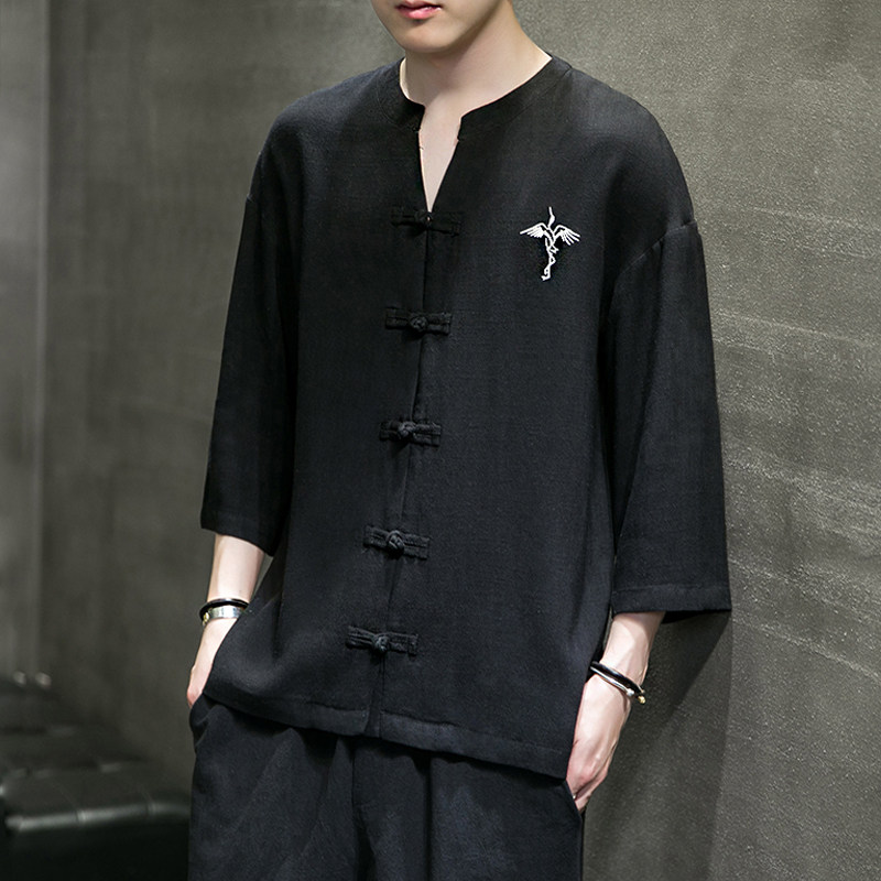 夏季风棉麻盘扣透气吸汗七分袖衬衫-C218，男装衬衫，电商A021