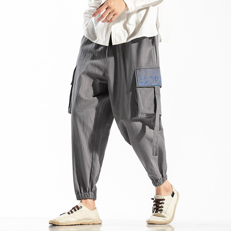 现货21春夏休闲男士棉麻哈伦束脚绣花织带工装裤QT4029，男装休闲裤，电商A021