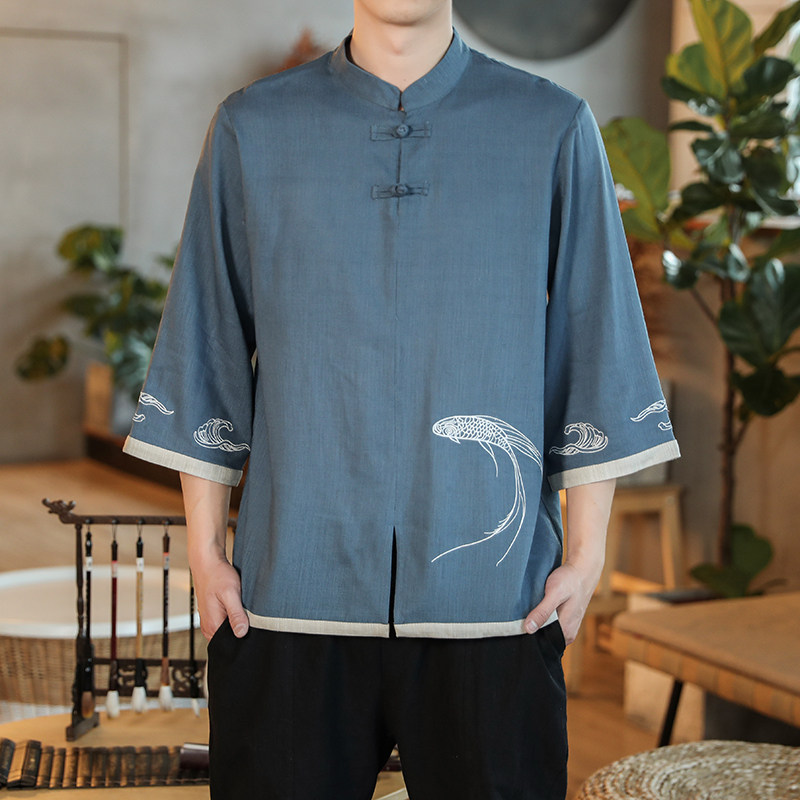 春夏新款风棉麻七分袖复古盘扣衬衫男QT4029-T173图片
