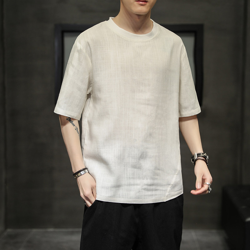 简约夏季风新款棉麻透气休闲亚麻圆领T恤男QT4029-2106,男装T恤,电商A021