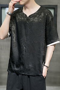 夏季风新款夏季撞色假两件龙纹小V领T恤男QT4029-T518图片
