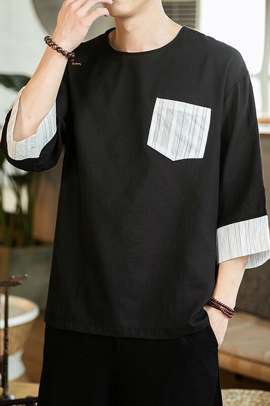 夏季风棉麻口袋圆领透气汉服圆领七分袖男QT4029-T2054,男装T恤,电商A021