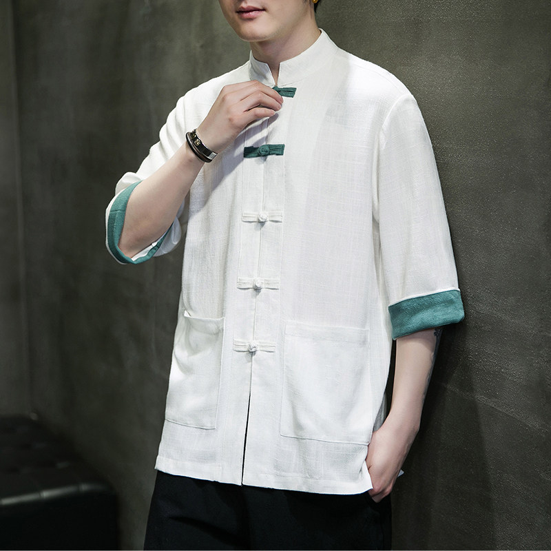 品质风复古盘扣服开衫翻袖撞色七分袖汉服男立领MT2310-P65，男装民族服装，电商A021