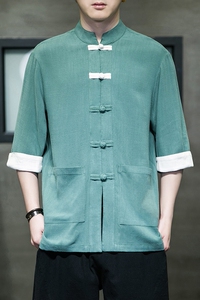 现货~风棉麻复古盘扣茶服开衫翻袖撞色七分袖男MT2310-P65图片