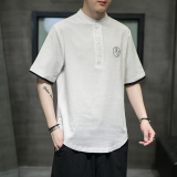 现货男士上衣衬衫棉麻假两件撞色休闲男装刺绣仙鹤复古T511，男装T恤，电商A021