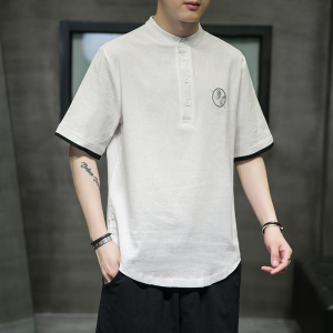 现货男士上衣衬衫棉麻假两件撞色休闲男装刺绣仙鹤复古T511图片